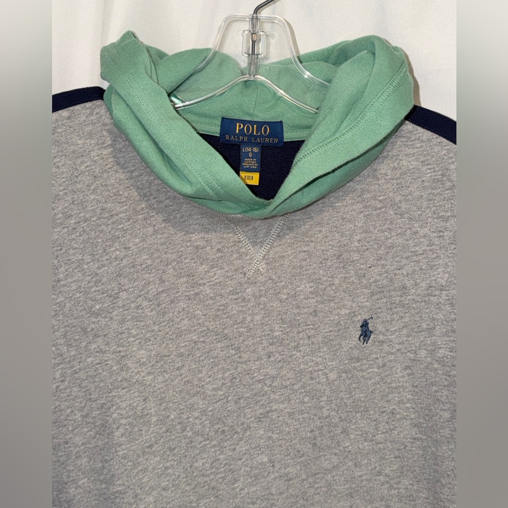Polo Ralph Lauren Hoodie Colorblock Blue Gray Yellow Pullover Sweatshirt L 14 16 - Picture 4 of 13